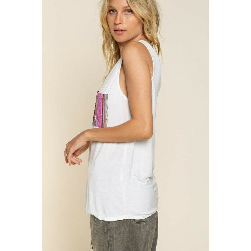 POL CLOTHING Ivory Hem Tank Top Front Tribal Pocket Sarape Detail Summer Spring - Picture 4 of 6